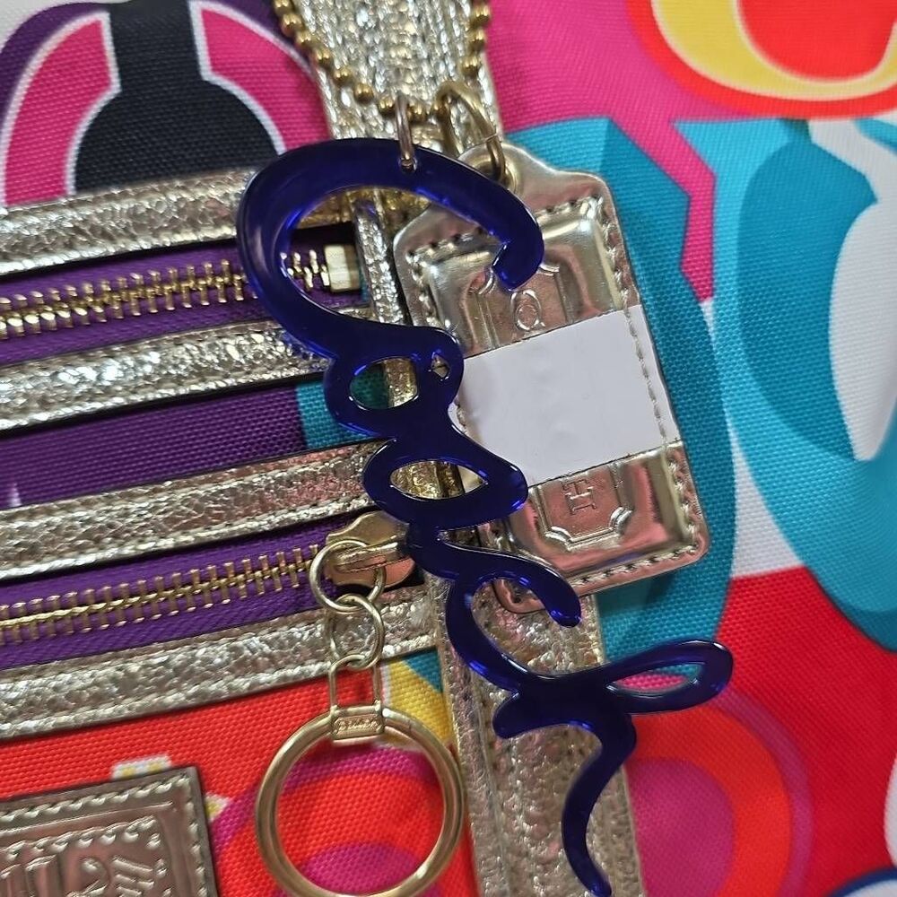 Coach Poppy Glam Tote Op Art Signature Multi-Color Jacquard Shoulder Bag Gold Le - Picture 3 of 14